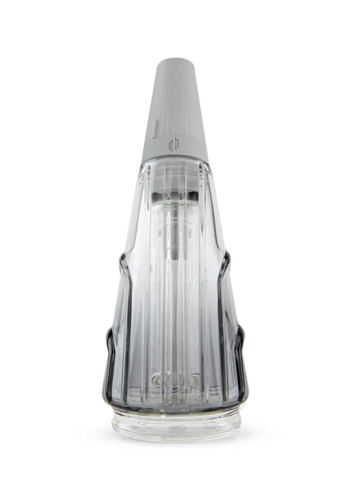 A clear glass bottle with a pointed top and a black base, standing upright against a white background.