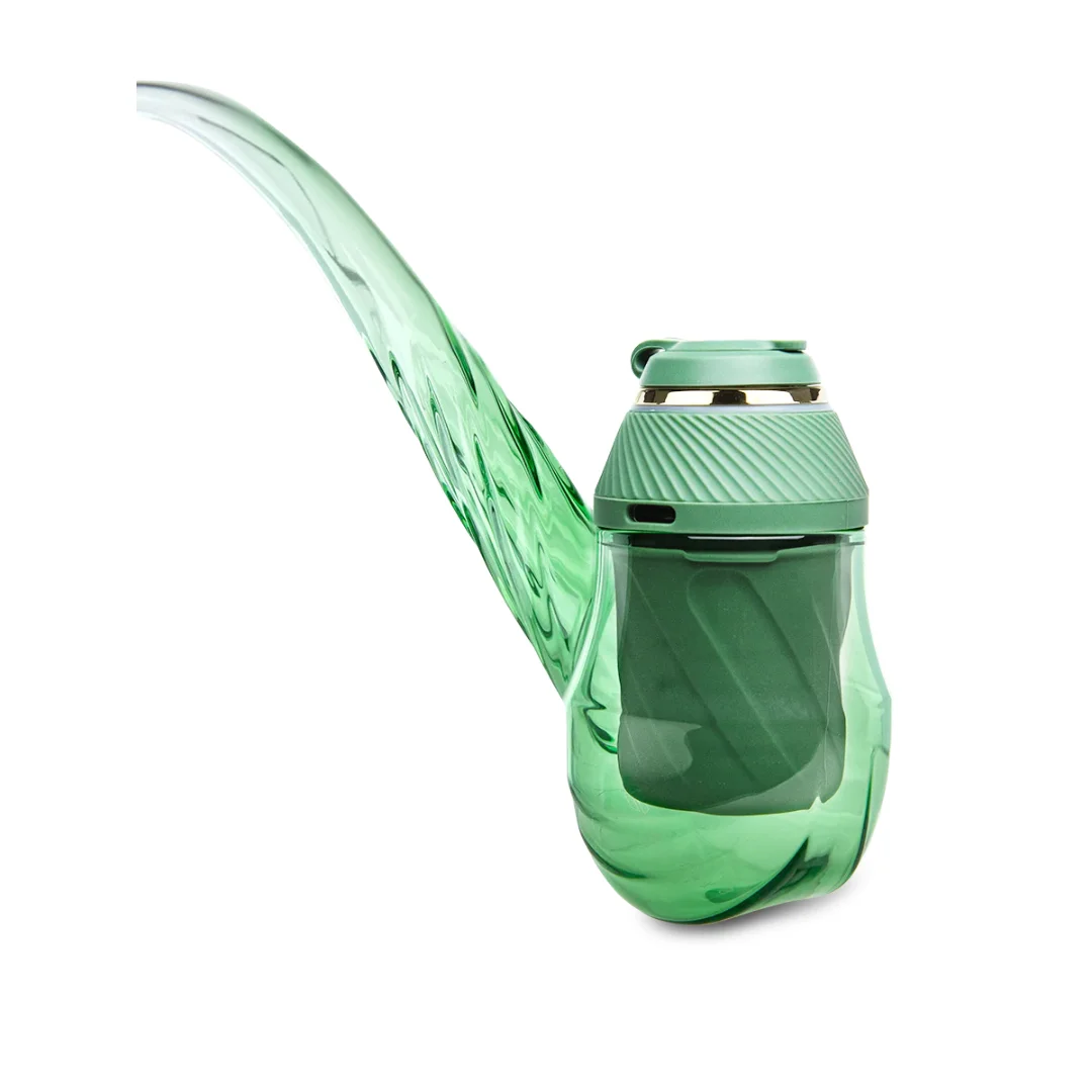 A green glass pipe with a curved, pointed end is shown against a white background.