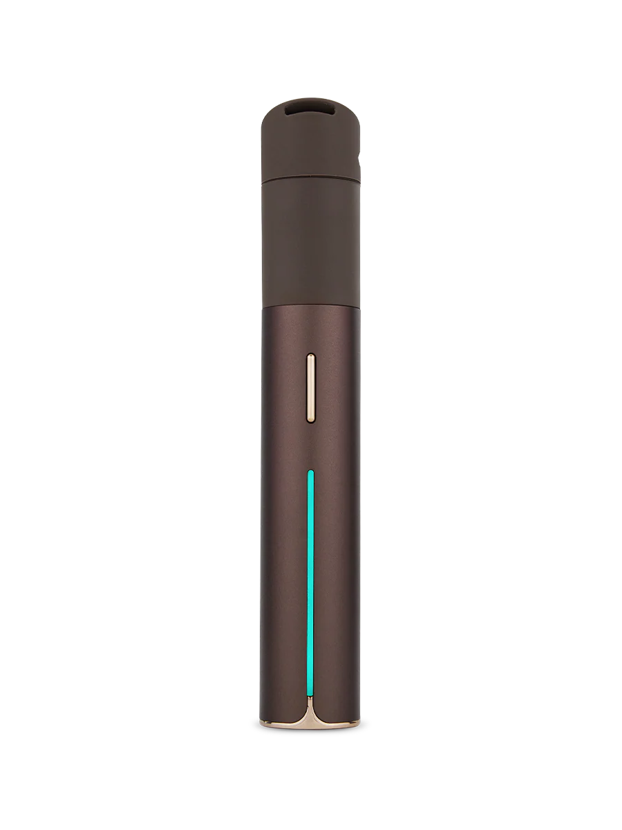 A brown electronic device with a blue light on the side, standing alone against a black background.