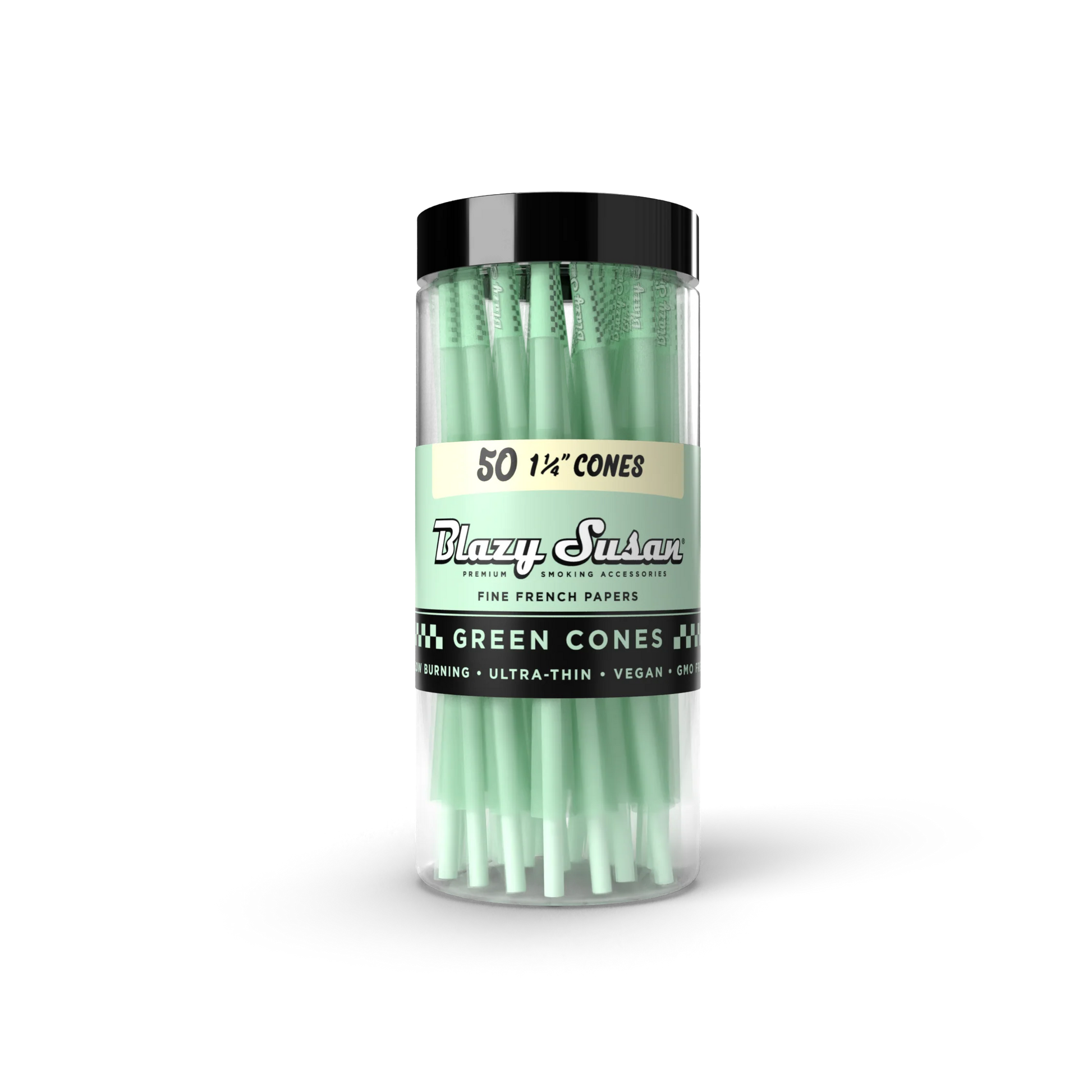 A clear jar filled with green-colored, white-handled items, likely a product from the Blazzy Susan brand.