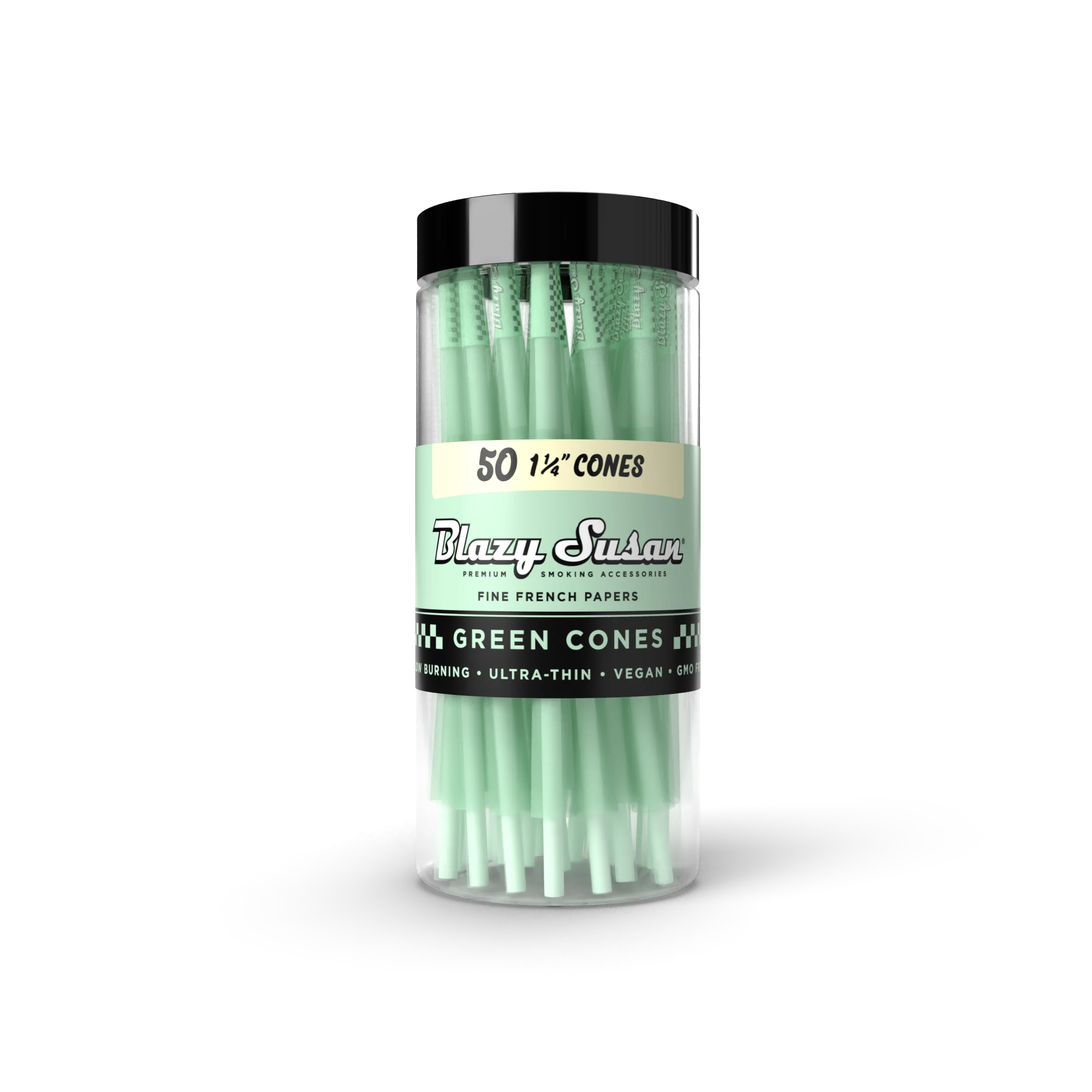 A clear jar filled with green-colored, white-handled items, likely a product from the Blazzy Susan brand.