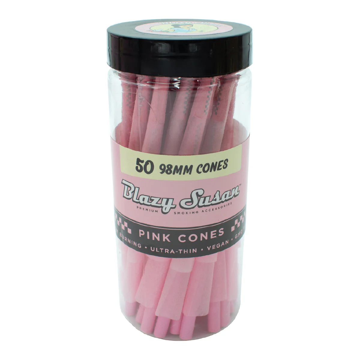 A clear plastic jar filled with pink-colored rolling papers, labeled as "Blazzy Susan's 50 98mm Cones".