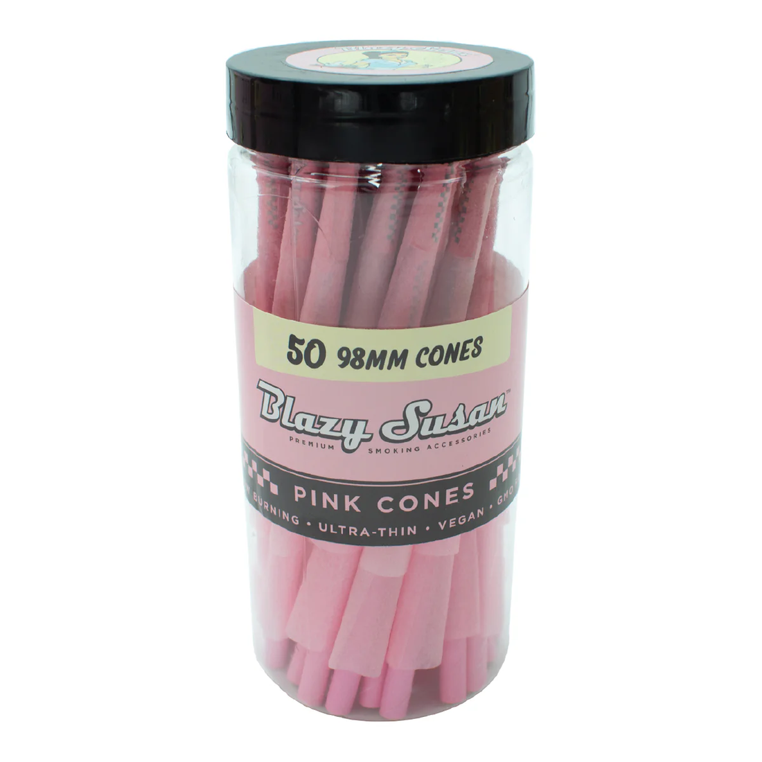 A clear plastic jar filled with pink-colored rolling papers, labeled as "Blazzy Susan's 50 98mm Cones".