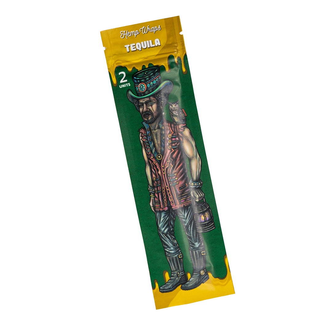 A package of Hemp Wraps Tequila with a colorful illustration of a man wearing a hat and holding a tequila bottle.