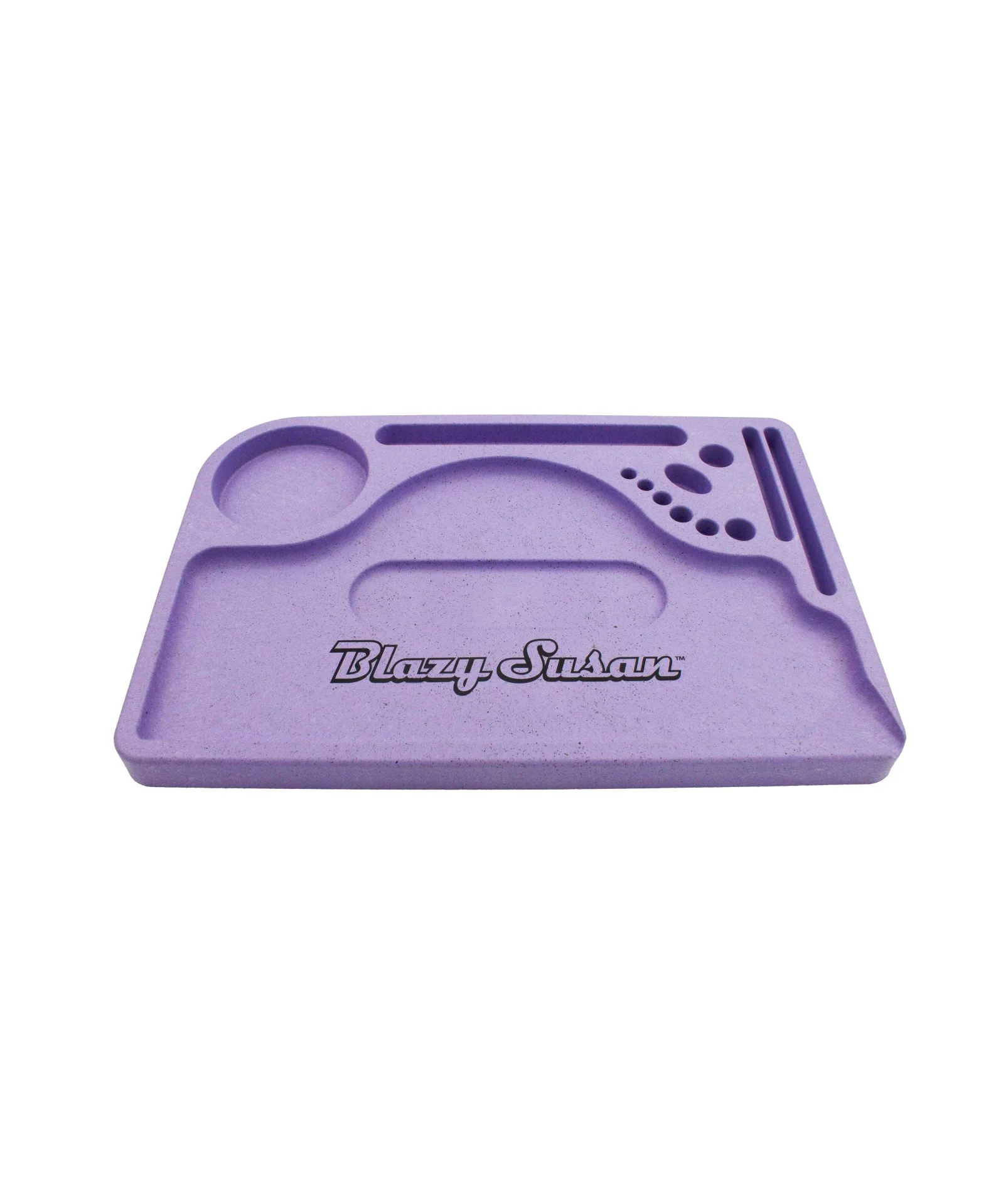 A purple tray with various compartments and a logo on it.