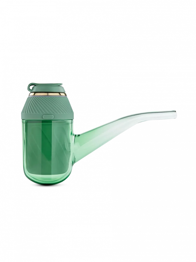 A green glass pipe with a curved handle, against a black background.