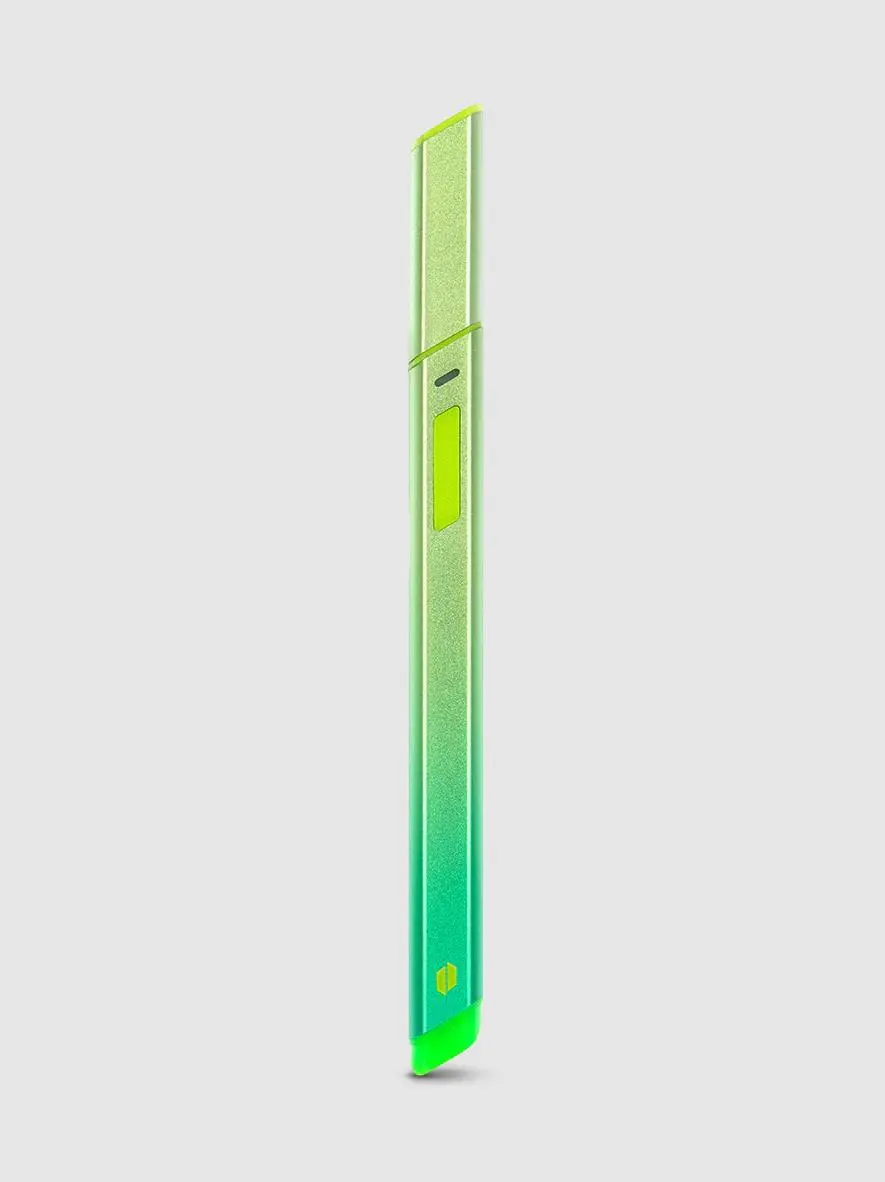 A green and yellow electronic device, possibly a pen or stylus, is shown against a plain white background.