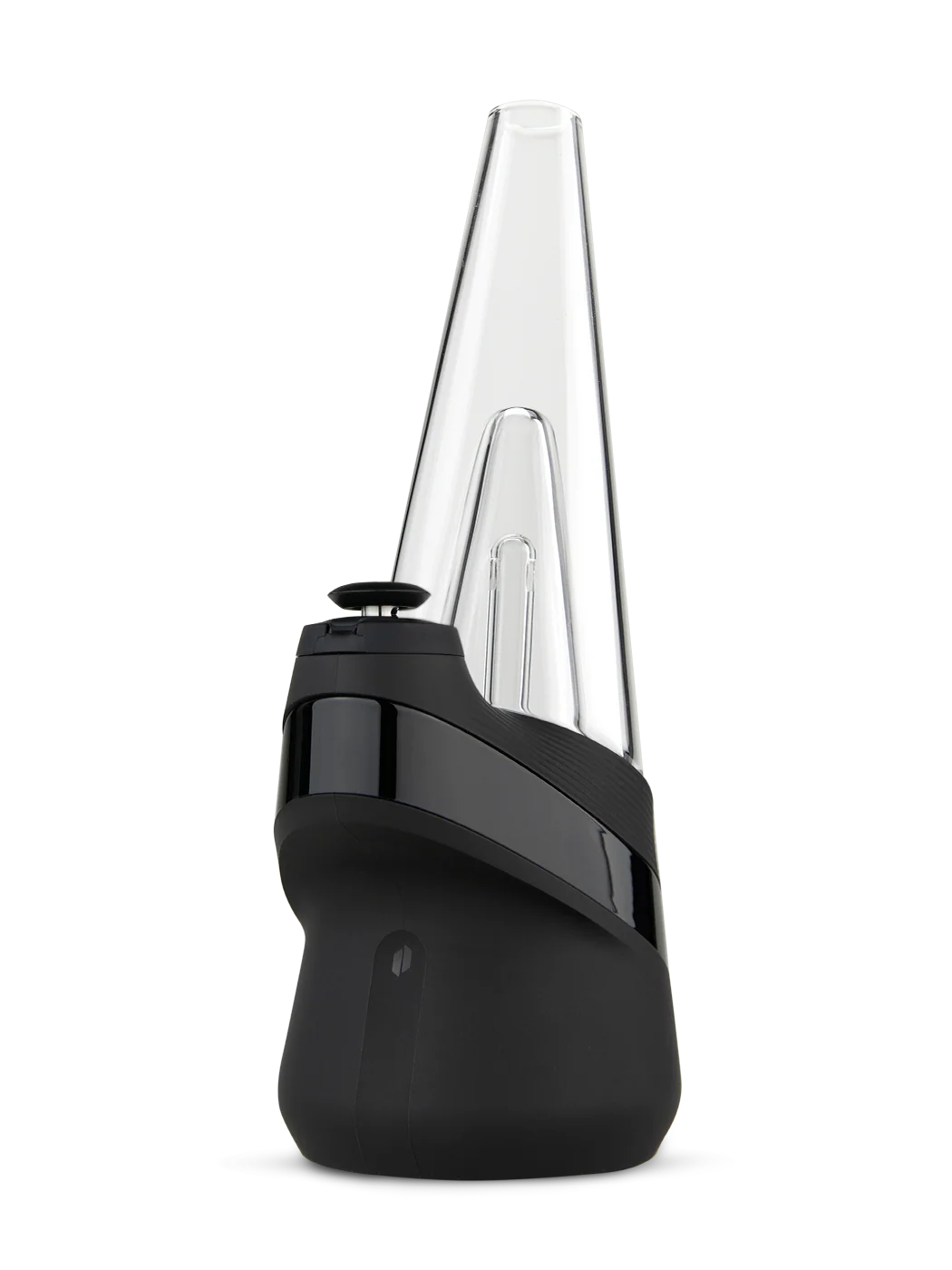A black and clear electronic device with a pointed top, likely a piece of electronic equipment or a small appliance.