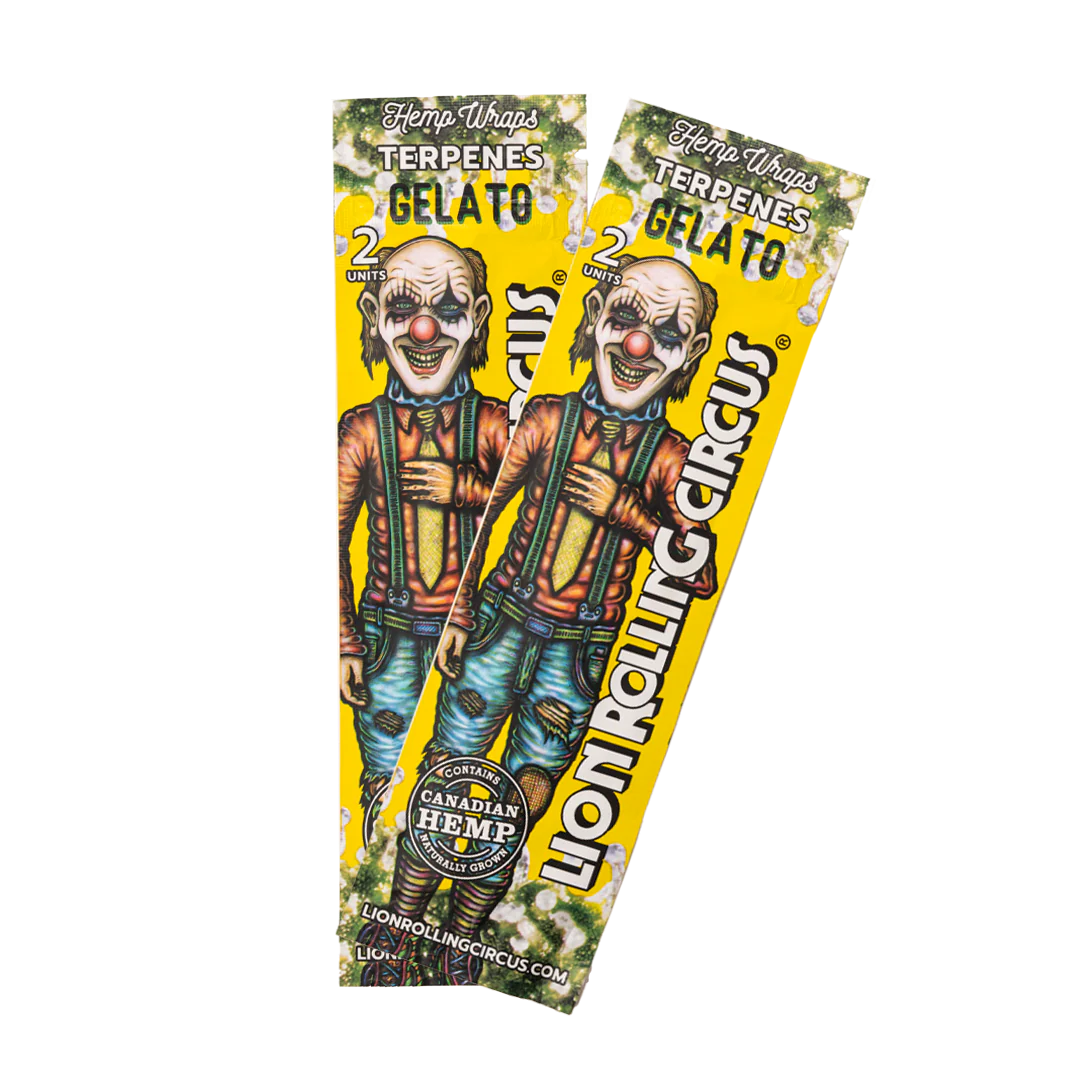 two yellow and green striped packages with a clown-like design, advertising a product called "Lion Rolling Circus".
