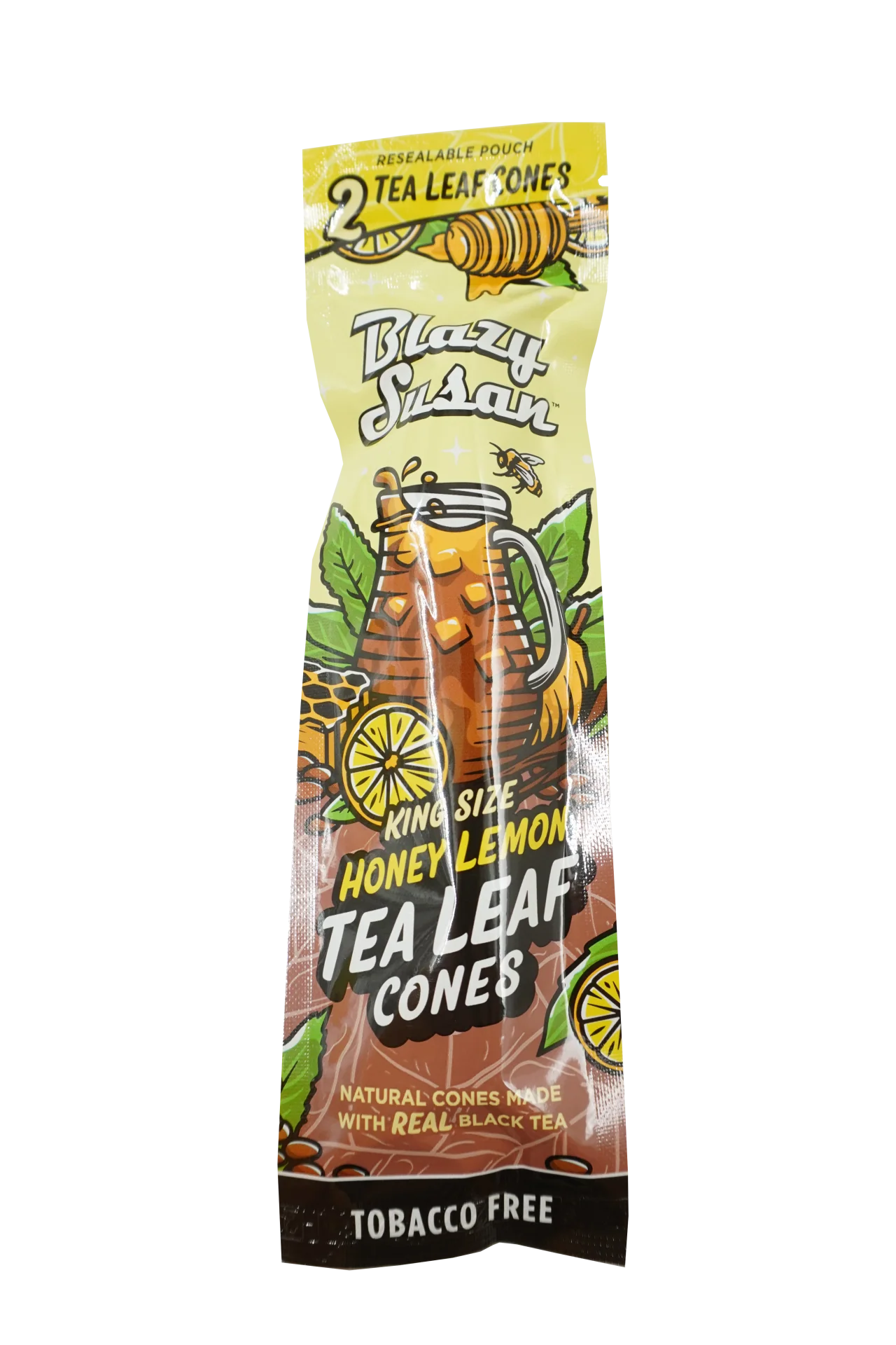 A package of tea leaf cones, specifically Blazy Susan Tea Cones, which are described as natural cones made with real black tea and are tobacco free.