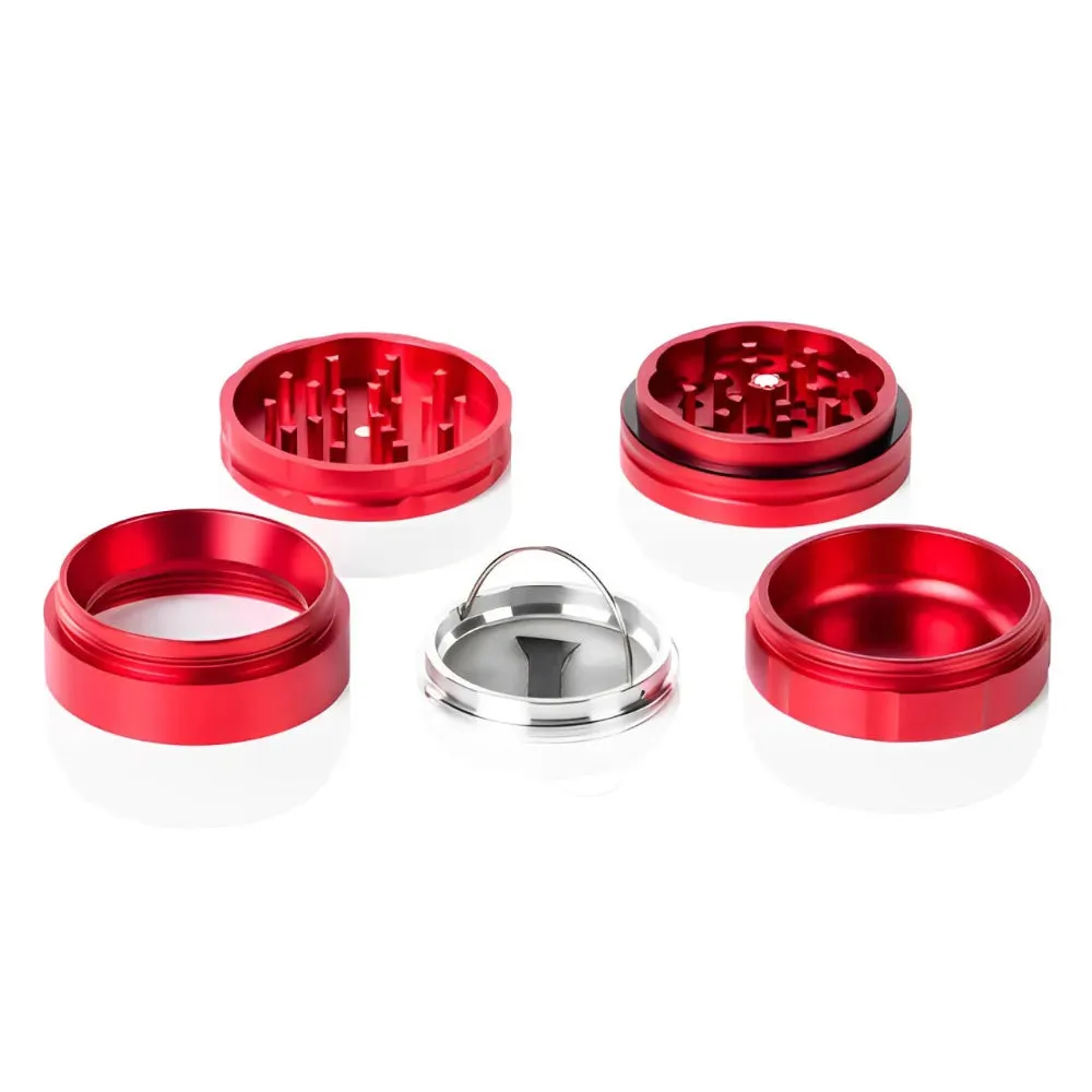 a collection of red metal grinders and grinders with a silver lid, arranged on a white background.