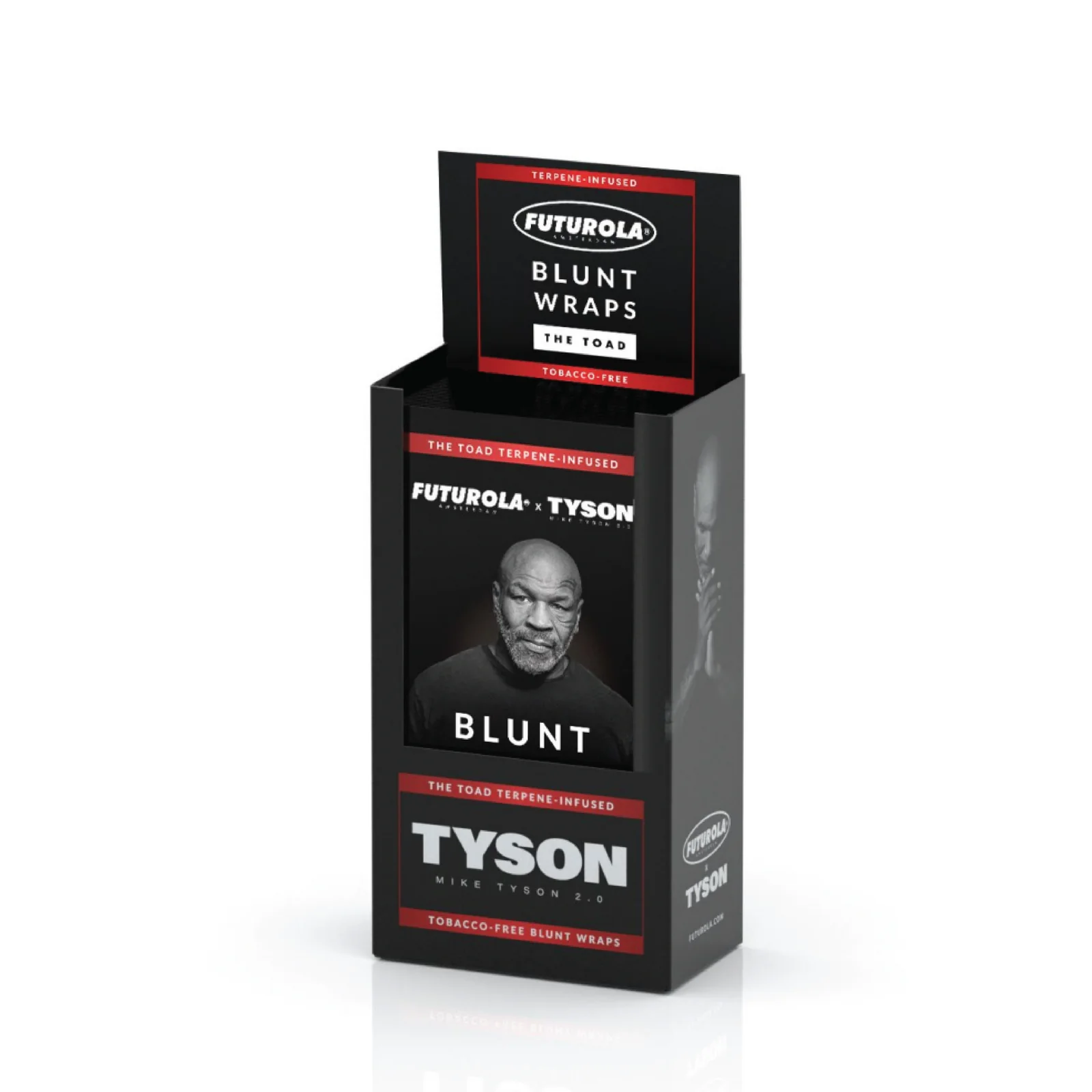 a black box with a portrait of a man on it, along with text and logos related to Futurola Blunt Wraps.