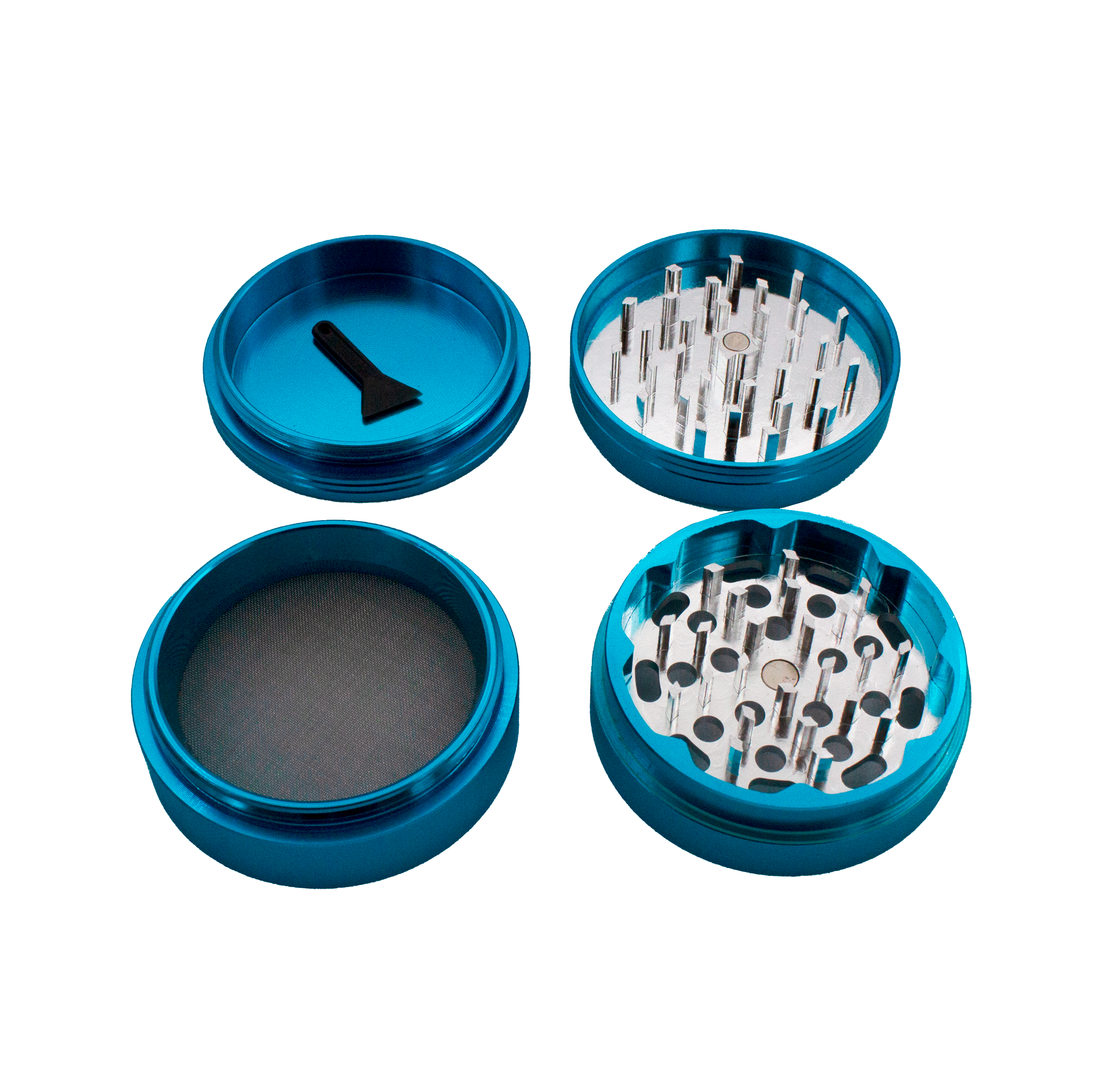 a collection of four blue grinders, each with a different design and arrangement of holes. The grinders appear to be made of metal and are placed on a white background.