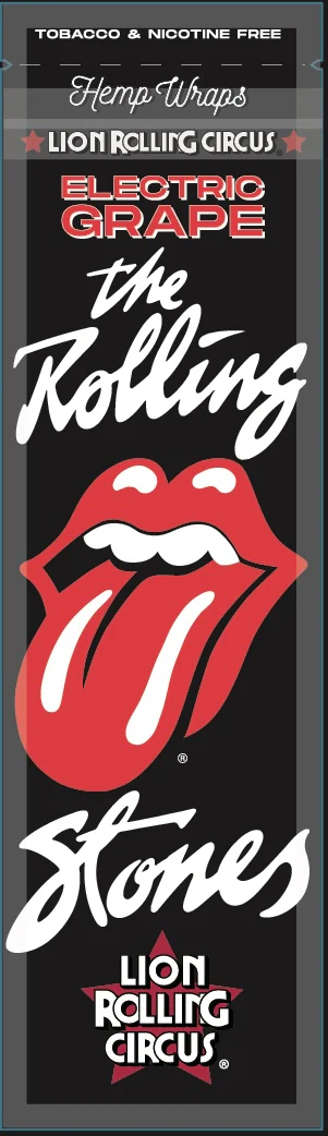 The image is a promotional poster for a product called "The Rolling Stones" by Lion Rolling Circus. It features the iconic Rolling Stones logo and text, along with the product name and the company's name.