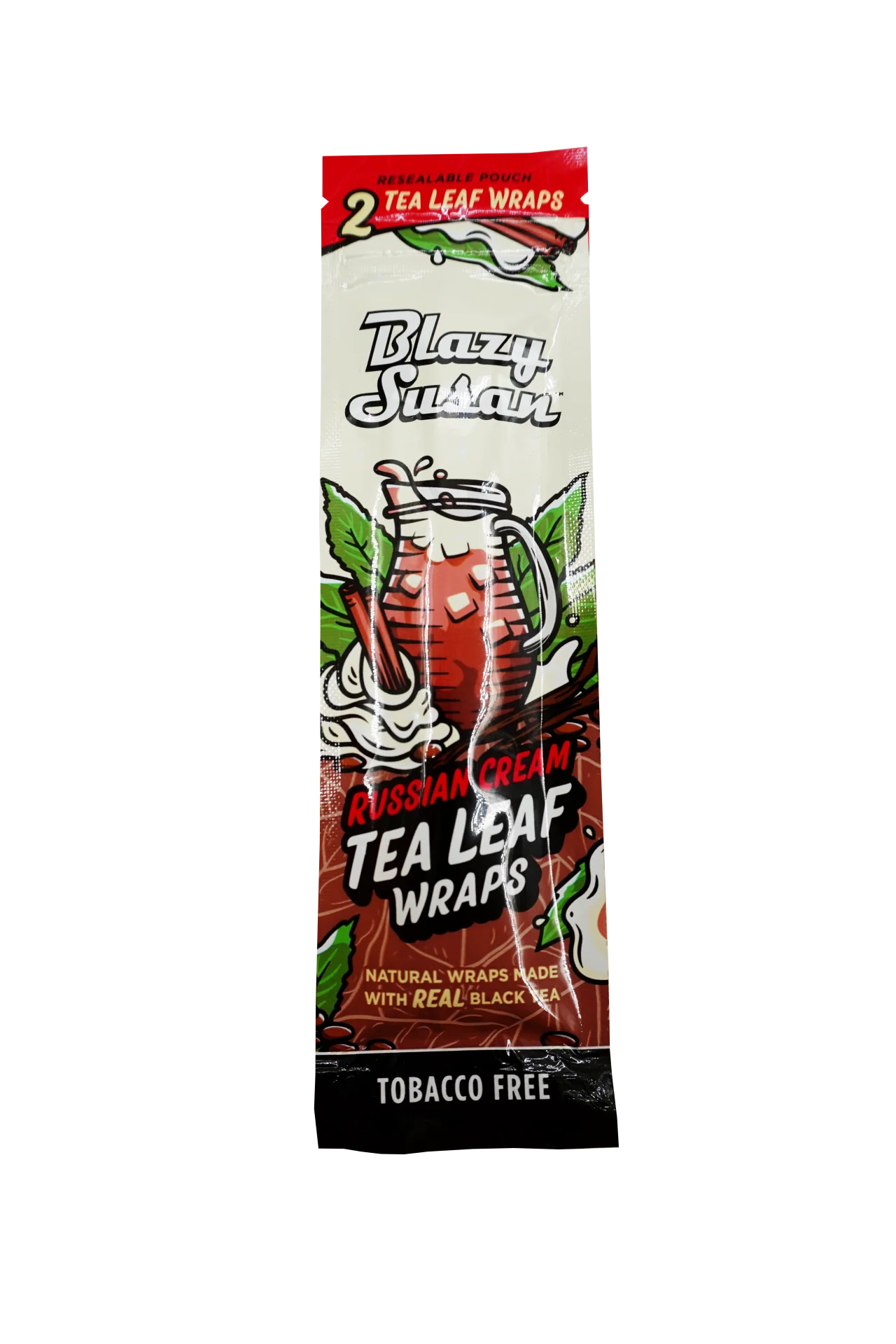 A package of Russian cream tea leaf wraps, which are described as "natural wraps made with real black tea" and "tobacco free".